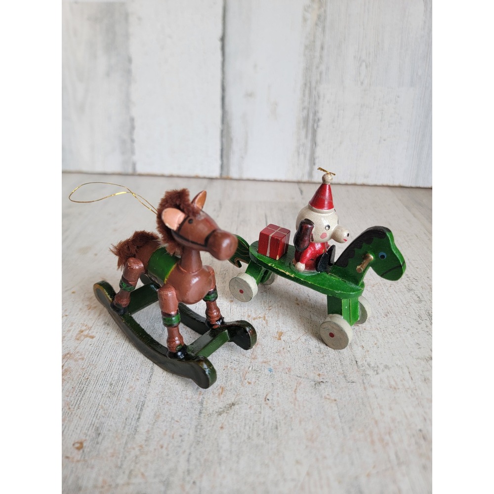 Vintage wooden rocking horse puppy ornament Xmas set Unique Home decor